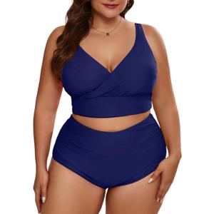 Eytino Womens Plus Size Bikini Sets High Waisted V Neck Bahting Suits Two Piece Color Block Swimsuits (2X)