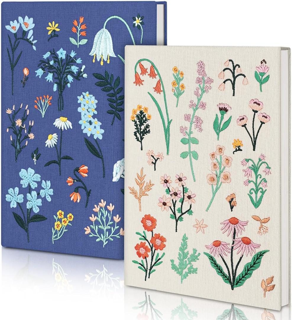 Thenshop 2 Pcs Floral Embroidered Notebook Embroidered Journal Embroidery Sketchbook Hardcover Notebooks Fabric Cover 200 Pages for Women School Office Travel Diary Supplies,8 x 5.75 Inches