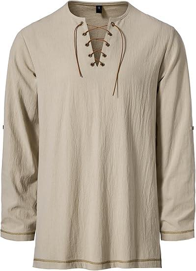 JEMITOP Men's Pure Cotton Vintage Lace Up Shirts for Pirate Renaissance Viking Medieval Costume Without Belt Khaki Small