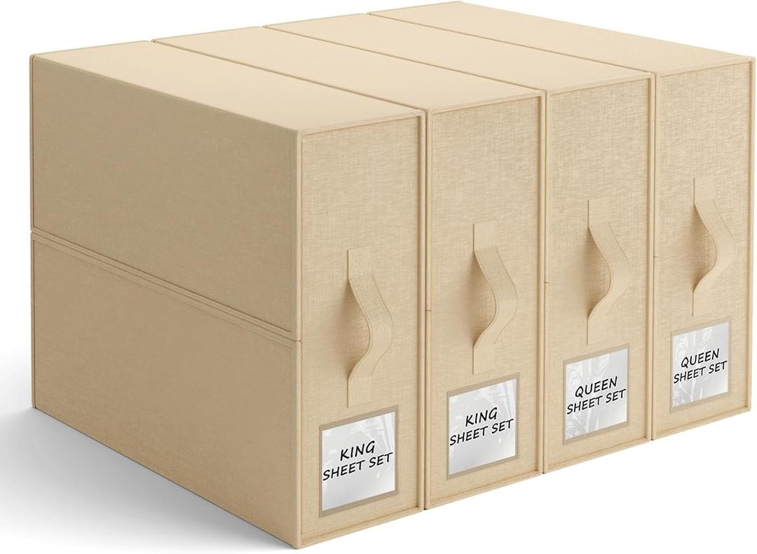 PARANTA Sheet Organizers and Storage of 4 Pack, Bed Sheet Organizer for Closet Storage, Foldable Bedding Organizing Containers for Blanket Duvet Cover flannel Sheets (Queen or King Size) Beige