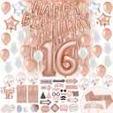 PartyHooman Sweet 16 Birthday Decorations Rose Gold With Sweet 16 Sash and Tiara Set, 2Pcs Backdrop, 25Pcs Pre-assembled Photo Booth Props, Balloons, Cake Topper | 16th birthday decorations for girls