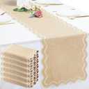Hahafelt 6 Pcs Scalloped Linen Table Runners 72 x 14 Inch Beige Scalloped Table Runners Embroidery Edge Double Layer Rectangle Runner Stitched Edge for Wedding Bridal Shower Farmhouse Party Decor