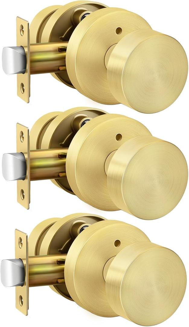 Haidms Gold Interior Door Knobs, Zinc-Alloy Heavy Duty Privacy Door Knob, Brushed Gold Door Knob for Bedroom Bathroom (3 Pack)