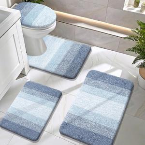 OLANLY Bathroom Rugs Sets 4 piece, Soft Microfiber Absorbent Bath Mat, U-Shaped Contour Toilet Mat and Toilet Lid Cover, Quick Dry, Machine Washable, Toilet Cover and Rug Set for Bathroom, Blue (30" x 20" + 24" x 16" + U24" x 20" + 17.5" x 15")