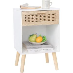 MaxSmeo White Rattan Nightstand, Modern Nightstand with Rattan Drawer, Modern Wooden Bedside Table with Solid Wood Legs for Bedroom, and Small Spaces (White)