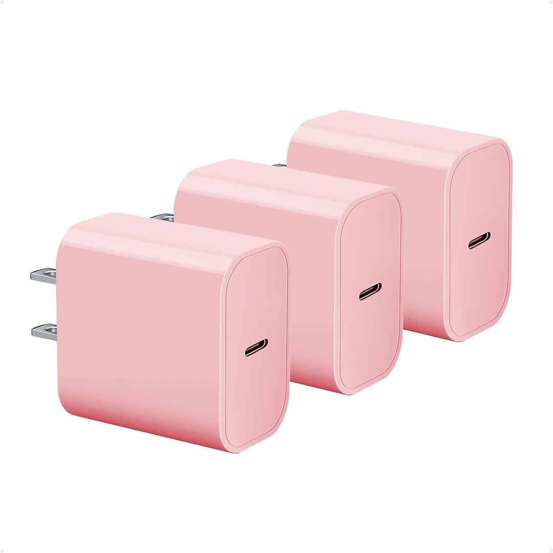 USB-C Charger Block 3-Pack for Apple Watch iPhone 16 15 14 13 12 11, Type-C PD Fast Charging 20w Power Adapter Wall Charging Plug Cube for iPad 2025 2024 2022 2020, Pink