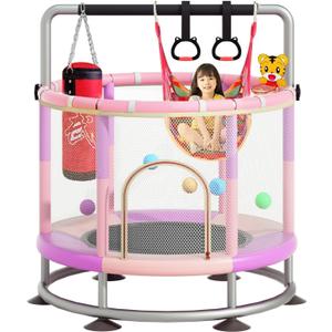 60" Trampoline for Kids, Anti-Rollover Round Bottom Baby Toddler Trampoline with Basketball Hoop, Indoor/Outdoor Kid Trampoline with Enclosure Net