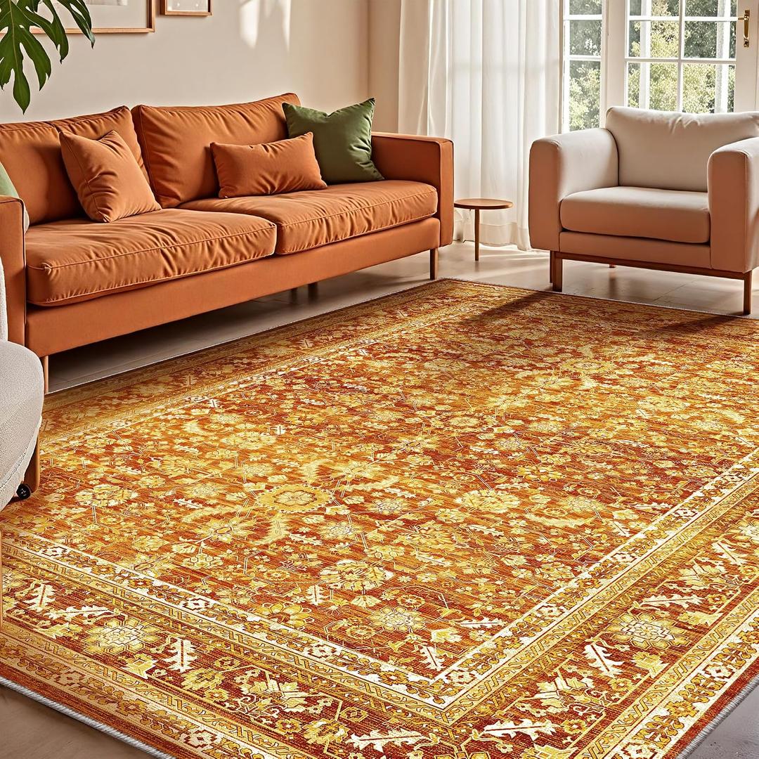 OPPODREAM Vintage Orange Area Rugs 6x9, Washable Rug for Living Room | TPR Non-Slip Backing, Retro Low-Pile Faux Cashmere Surface, 6 by 9 Distressed Carpet for Bedroom, Office, Dorm, Dining Room
