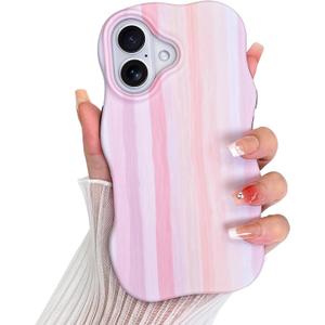 LSL Case for iPhone 16, Cute Pink Stripes Striped Pattern Case for Women Girls Curly Wave Edge Girly Trendy Bold Protective Phone Cover