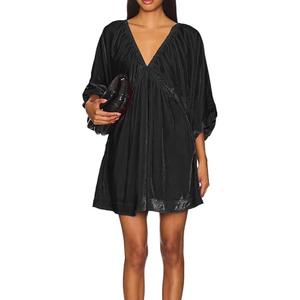 R.Vivimos Womens Fall Velvet Tunic Dress 2026 Trendy Sexy Deep V Neck 3/4 Sleeve Elastic Waist Loose Mini Dress with Pockets (Medium, Black)