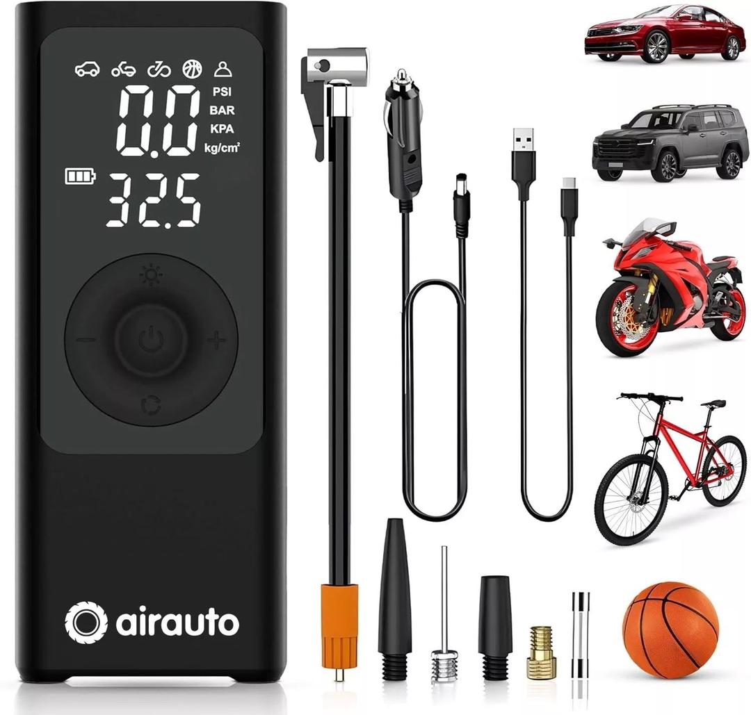 Airauto Tire Inflator Portable Air Compressor - Air Pump For Car Tires with Digital Pressure Gauge, LED Light and Auto Shut-Off Function - Cordless Pump for Car, Motorcycle, Bicycle, Balls and More