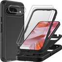 for Google Pixel 9 Case with 2Pcs Tempered Glass Screen Protector and 1Pcs Camera Lens Protector, Military Grade 3 in 1 Heavy Duty Shockproof/Drop Proof/Dust Proof Case (Black/Black)