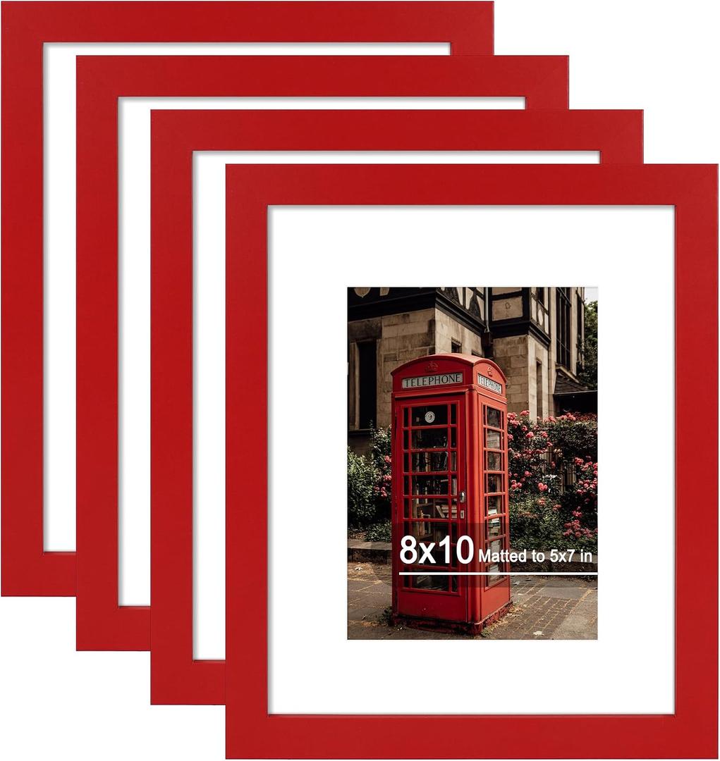 8x10 Picture Frame Set of 4 with Real Glass, Wall & Tabletop Display | Fits 5x7 with Mat or 8x10 without Mat, Crystal-Clear Viewing for Family Photos and Gallery Walls, Red