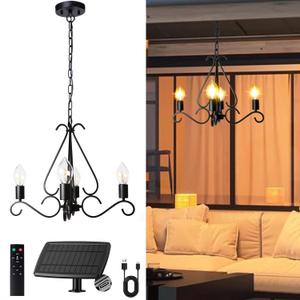 TWINKVILLA Solar Chandelier Outdoor, 4-Lights 23" Rustic Farmhouse Industrial Iron Chandeliers Waterproof Dimmable Hanging Pendant Lights for Gazebo, Pergola, Canopy, Tent Decor, Large