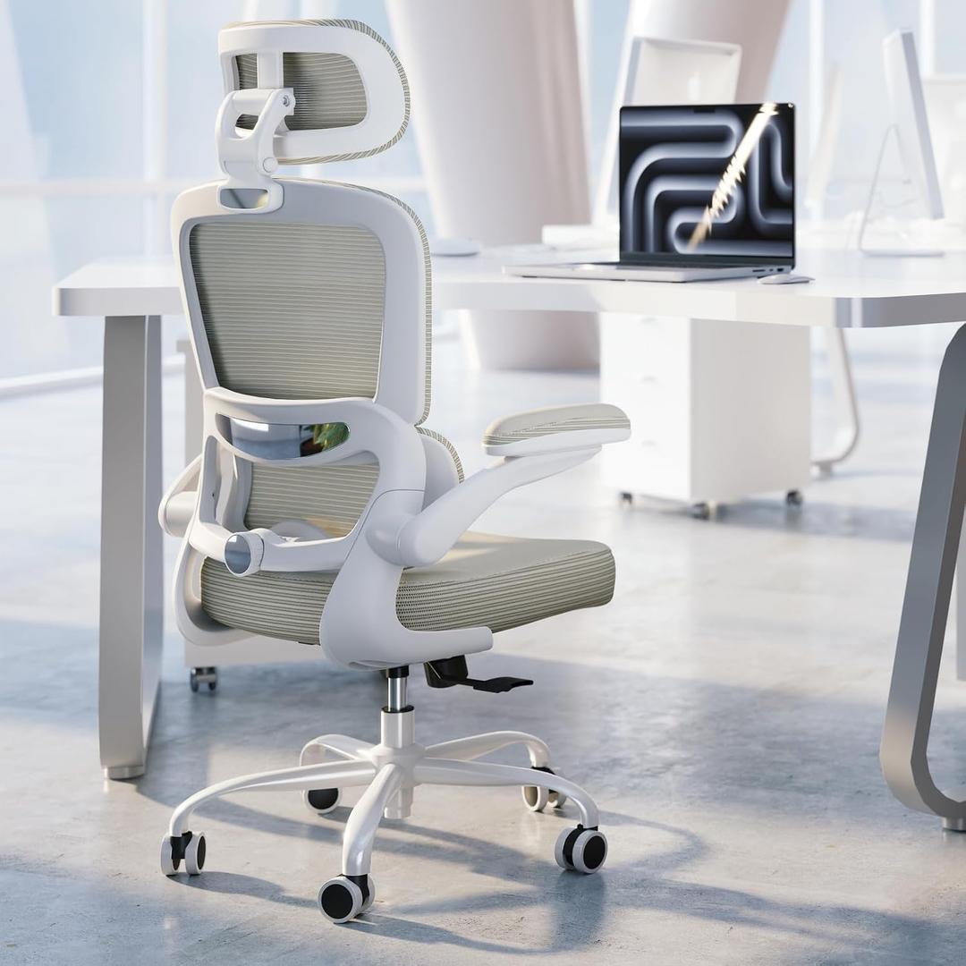 TRALT Ergonomic Office Chair - Desk Chair with Adjustable Headrest Lumbar Support Computer Chair - Mesh Comfy Chair with Flip-up Armrests - Gaming Chairs for Adults Home Office (Leather, Beige), Pack of 1