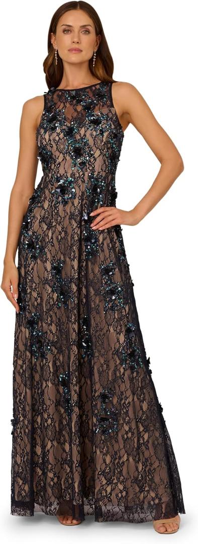Adrianna Papell Women's Bead Lace Long Dress, Midnight Multi/Nude, 18