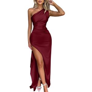 Memoriesea Women's Sexy One Shoulder High Split Cocktail Wedding Party Maxi Dress (Wine Red) S