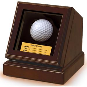 Hole in one Golf Ball Display case,writable Gold nameplate,Crafted with Premium Wood Composite and Thick Glass (Brown)