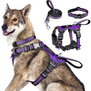 WINSEE Pet Harness Collar and Leash Set, All-in-one Reflective Dog Harness No Pull with Adjustable Buckles for Dogs (X-Large, Purple)