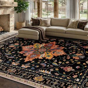 RELEANY Area Rugs 7'x9' Washable Non-Slip, Floral Vintage Distress Print Pattern Medallion Carpet for Living Room Bedroom Dining Room, Black Colorful Floral Dark Tan