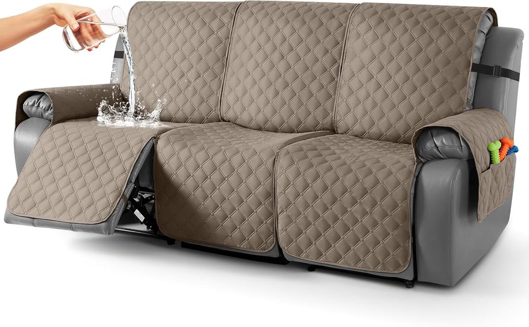 TAOCOCO 100% Waterproof Recliner Covers, Recliner Sofa Covers with Leg Straps, Reversible Recliner Couch Cover for Reclining Chair, Washable Couch Protector for Pets Kids(3 Seater, Taupe)