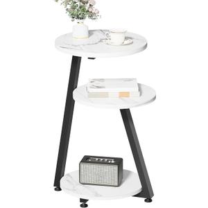 BEWISHOME Round End Table Marble Side Table with Metal Frame, Small Nightstand with 3-Tier Shelves, Night Stand for Living Room Bedroom Tall Black KTZ41H