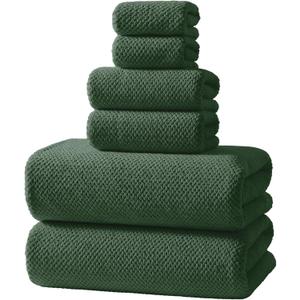 REDKISS 6-Piece Bath Towel Set - 2 Washcloths, 2 Hand Towels, 2 Bath Towels | Ultra-Fiber Coral Fleece, Super Absorbent, No Lint & No Fading | Perfect for Bathroom, Spa, Gym | Family -Olive Green