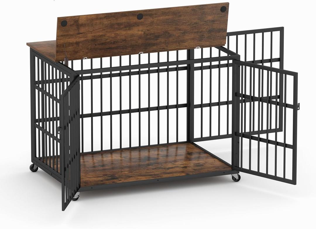 CHUNLY 43.3''L x 29.9''W x 33.5''H Dog Crate Furniture with Wheels, Heavy-Duty Dog Cage with Side Openings & Top Openings, Modern Wooden Kennel for Dogs Indoor, Rustic Brown