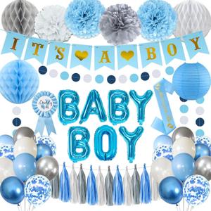 Blue Baby Shower Decorations for Boy Set with Its a Boy Banner Baby Boy Letter Foil Balloons Mom to Be Sash Dad to Be Pin Paper Pom Poms for Gender Reveal Decorations