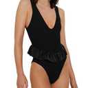 HYPERFIRE Women's Cheeky One Piece Swimsuit Deep V Neck Tummy Control High Cut Bathing Suit (Large, Black)
