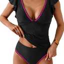 Aidonger Women's Tankini Swimsuit Tummy Control Ruffle Two Piece Bathing Suit V Neck Ruched Swimwear with Bottom, XL