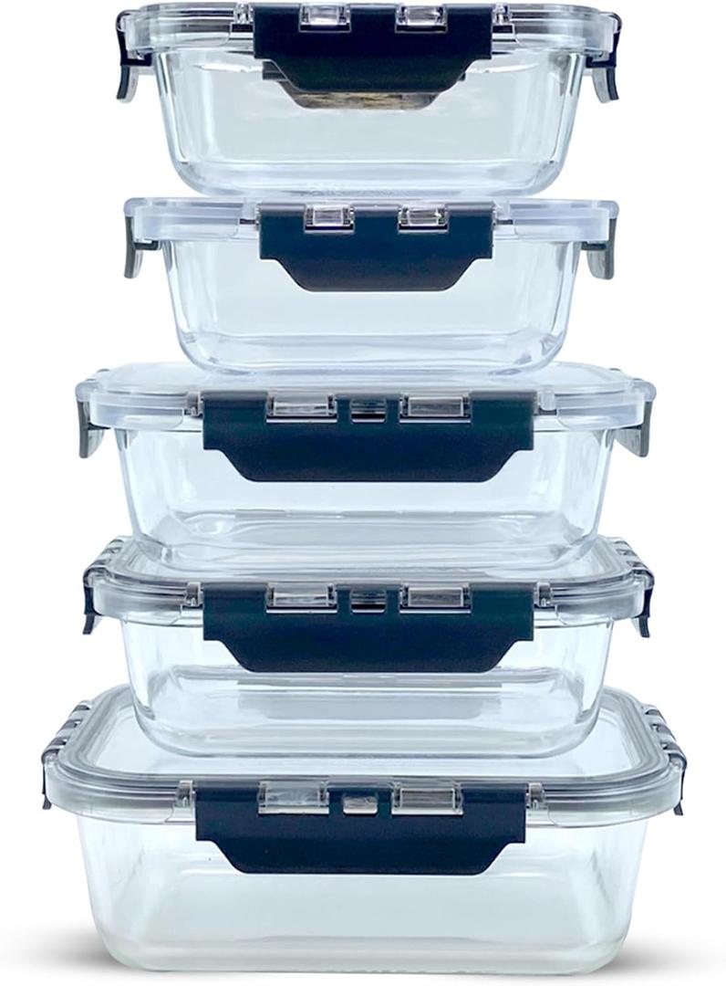 Glass Food Storage Containers with Lids, 5-Piece Set  Airtight, Leakproof, Oven & Freezer Safe, BPA-Free