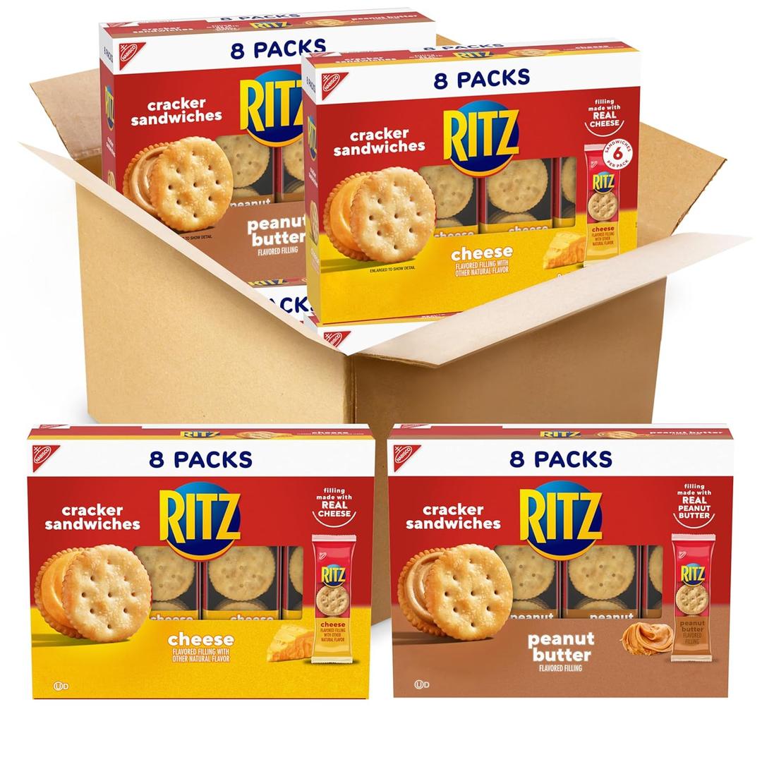 RITZ Peanut Butter and Cheese Sandwich Crackers Variety Pack, Lunch Snacks, 32 Snack Packs (6 Crackers Per Pack) (EXP 02/13/26)