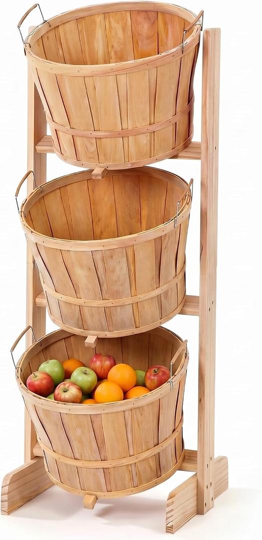 Gerrii 1 Pcs Large Solid Wood Bushel Barrel Display with 3 Half Bushel Basket, Farmers Market Floor Display with Handles, Retail Harvest Basket for Fruit, Vagatables, Candy, Small Crafts, Produce