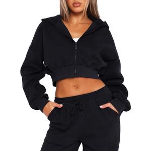 TZLDN Women Cropped Hoodie Zip Up Jacket Y2K Sweatshirt Crop Tops Lightweight Workout Casual Fashion Fall Outfits (Large, Black)