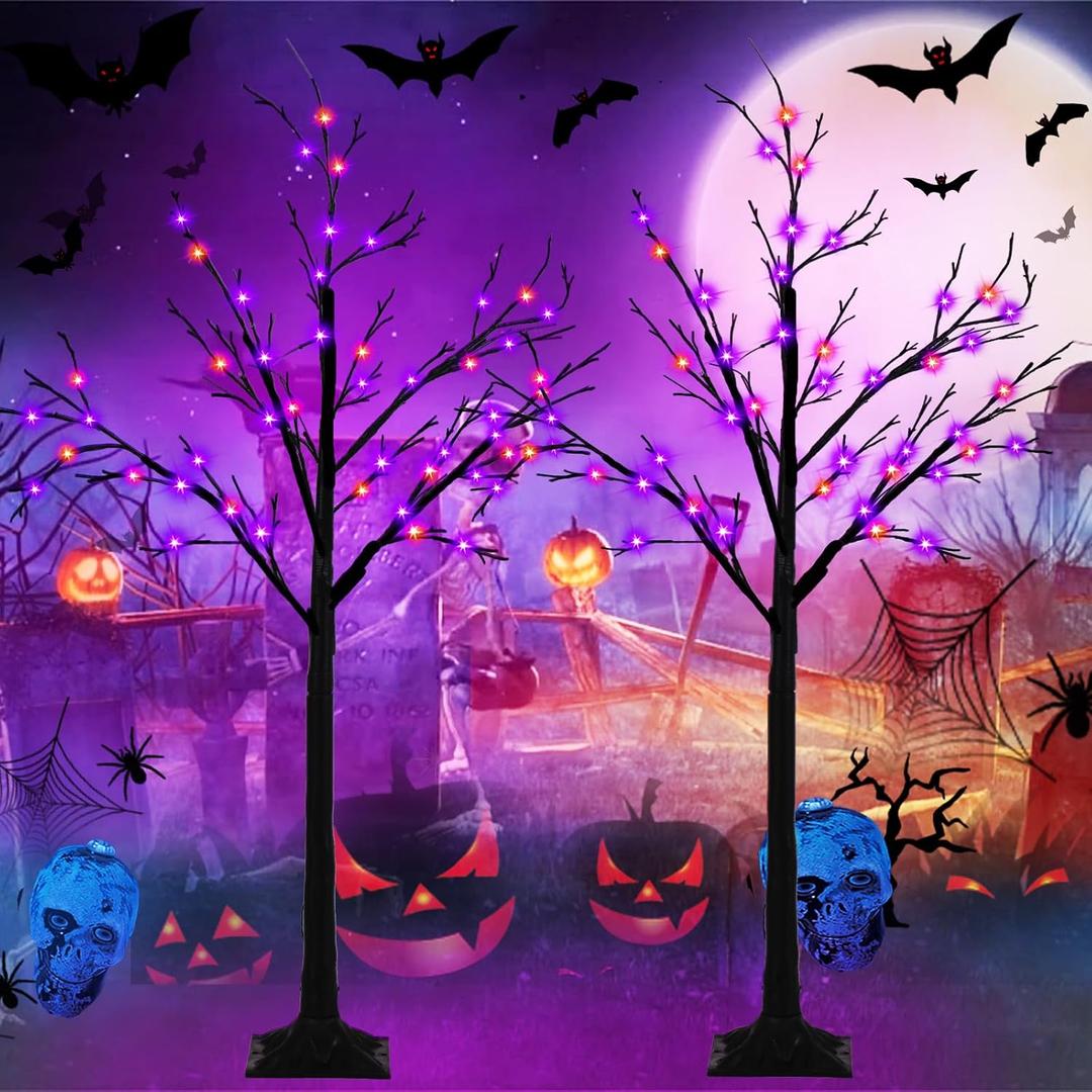 2-Pack 4FT Lighted Black Halloween Tree with 96 LED Orange & Purple Lights, Higher Size, Timer Function Halloween Trees Lights Spooky Tree for Indoor & Outdoor Halloween Decorations Home Party Decor