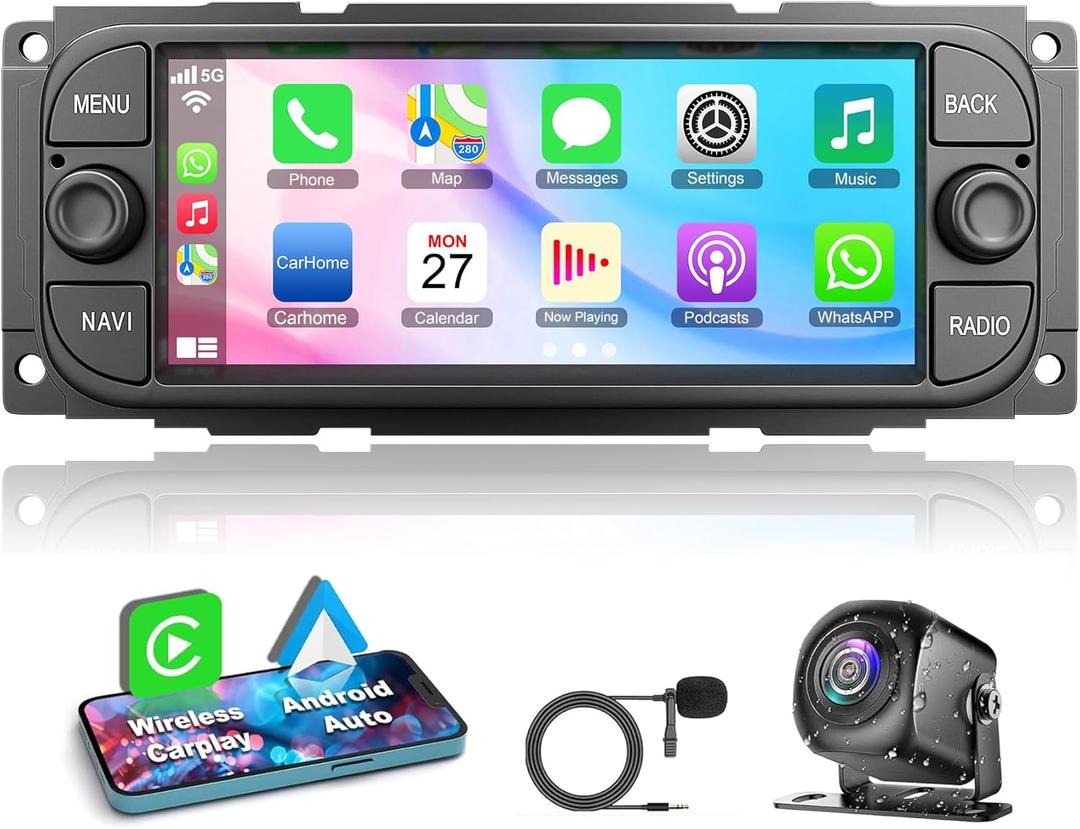 4+64G Car Radio for Chrysler Dodge Jeep Wrangler Grand Cherokee, 6.2 Inch Car Stereo Built-in Apple Carplay Android Auto,GPS Navigation, Back-up Camera, Bluetooth,Android 13 Car Radio