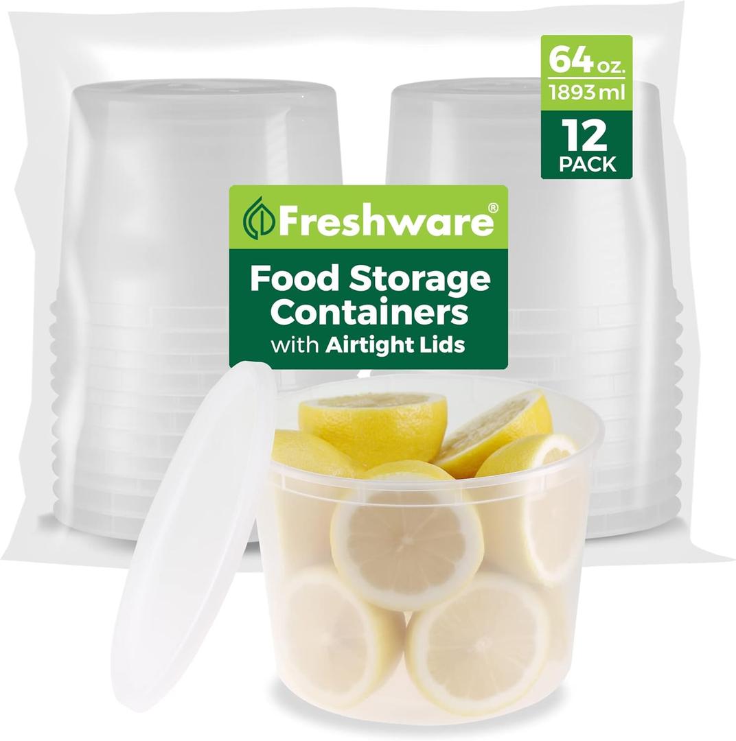 Freshware [12 Pack, 64 oz] 1/2 Gallon Plastic Deli Food Storage Soup Containers With Airtight Lids, Slime Containers, Freezer Safe | Meal Prep | Stackable | Leakproof | BPA Free, Clear