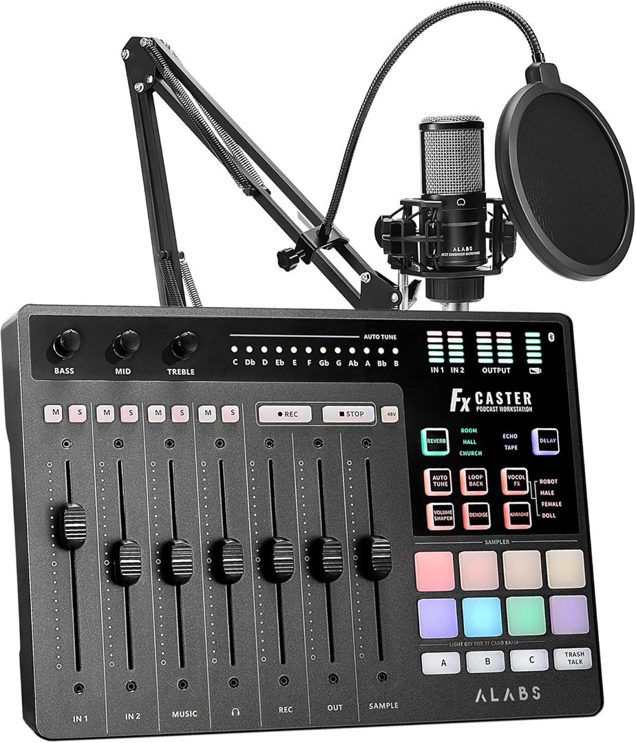 ALABS Fxcaster Podcast Equipment Bundle - All-in-One Podcasting Starter Setup with 7-Channel Soundboard, Audio Interface, and 25mm Diaphragm XLR Microphone for Live Streaming, Recording, and TikTok