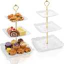 Tebery 2 Pack 3-Tier White Ceramic Embossed Dessert Cake Tower Stand with Gold Carry Handle, Cupcake Stand Serving Trays, Porcelain Party Food Server Display Holder