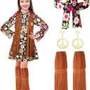 Haysandy Kids Hippie Costume Set 60s 70s Hippie Dress Peace Sign Party Accessories for Carnival Halloween Cosplay Party
 (9-10 Years, Brown)