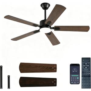 FUMLTP 52 inch Modern Ceiling Fans with Lights APP/Remote Control, Low Profile Reversible 6 Speeds Dimmable Ceiling Fan Light for Indoor/Outdoor Bedroom Living Room（Brown）