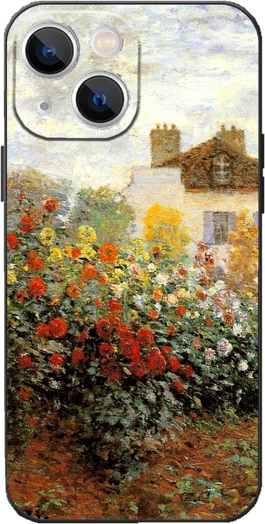 Compatible with iPhone 14 Plus Phone Case,Impressionism Claude Monet Art The Artist's Garden Print Red Flowers Garden Decorative Phone Case,Shockproof Protective Phone Cover for Women Girls