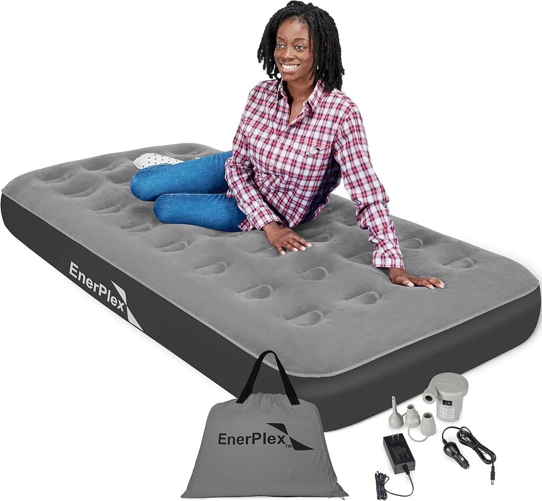 EnerPlex Camping Air Mattress with Built in Pump - Twin Blow Up Mattress for Travel & Guests - Portable Bed for Adults and Kids - Grey, 9" Twin Size