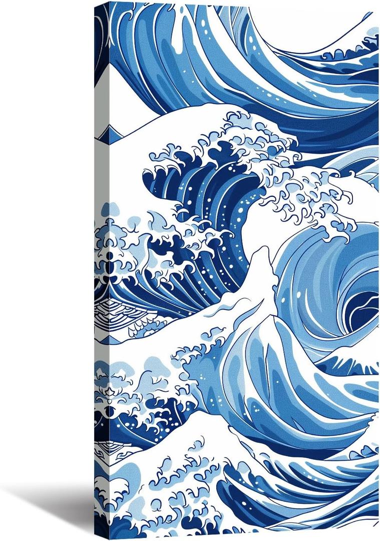 Great Wave Decor Japanese Canvas Wall Art Seascape Picture Asian Landscape Canvas Prints Blue Poster Kanagawa Artwork for Living Room Bedroom Home Decor Framed - 12.00"x24.00"