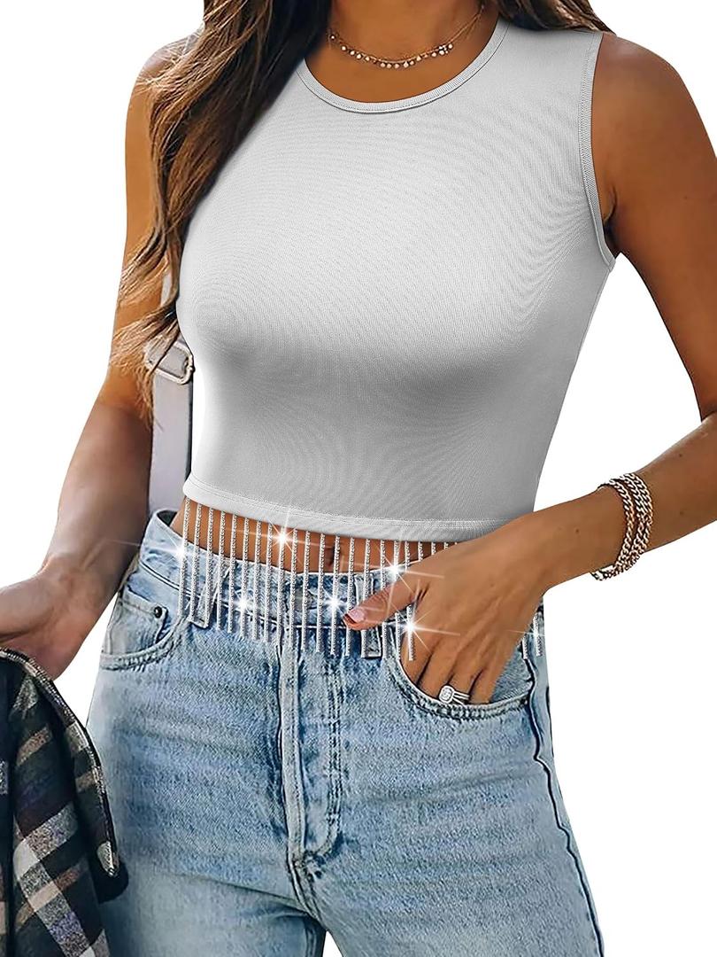 2 x Nlife Womens Nashville Sparkly Fringe Sleeveless Tops Concert Raceback Ribbed Tank Tops with Glitter Tassel (White, M)