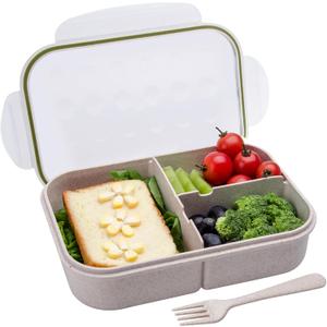Bento Box for Kids & Adults, Leakproof 3-Compartment Lunch Box, BPA-Free Wheat Straw Material, Microwave & Dishwasher Safe, 5.5 Cup (White)