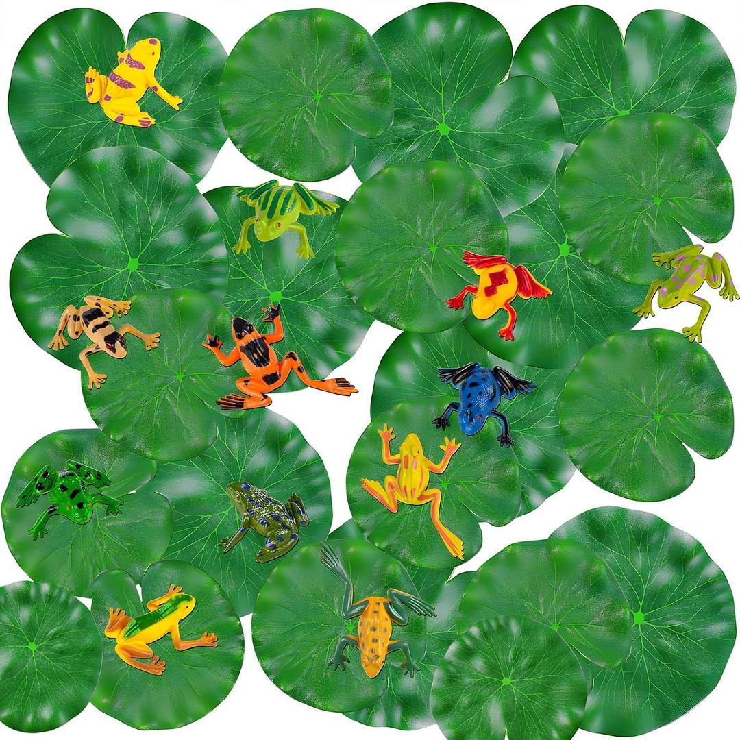 32 Packs Mini Plastic Frog Decor and Artificial Lily Pads,Include 12 Colorful Plastic Frogs and 20 Floating Lily Pads for Ponds Artificial Pond Plants for Garden Pool Decor Party Favor