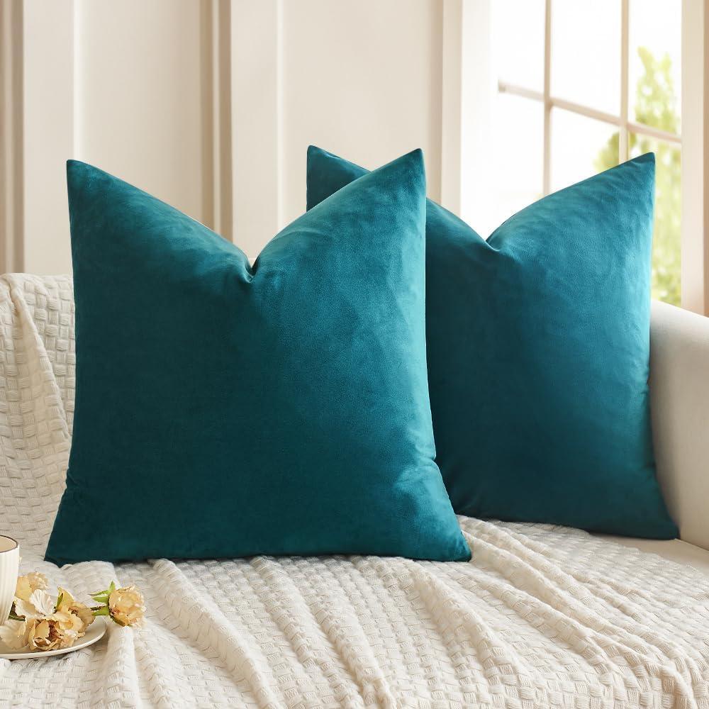 MIULEE Velvet Throw Pillow Covers 20x20 inch, Pack of 2 - Teal, Soft Solid Decorative Pillow Covers Square Cushion Cases Modern Luxury Home Decor for Spring Couch Sofa Bedroom