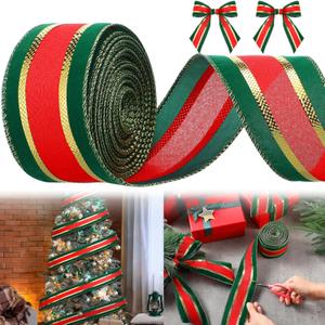 Waydress Christmas Ribbon Wired Edge Velvet Plush Overlay Ribbon 10 Yards 2.5 Inch Christmas Tree Victorian Xmas Decor for Wrapping Wreath Bow Tree Decoration(Green Red Gold)